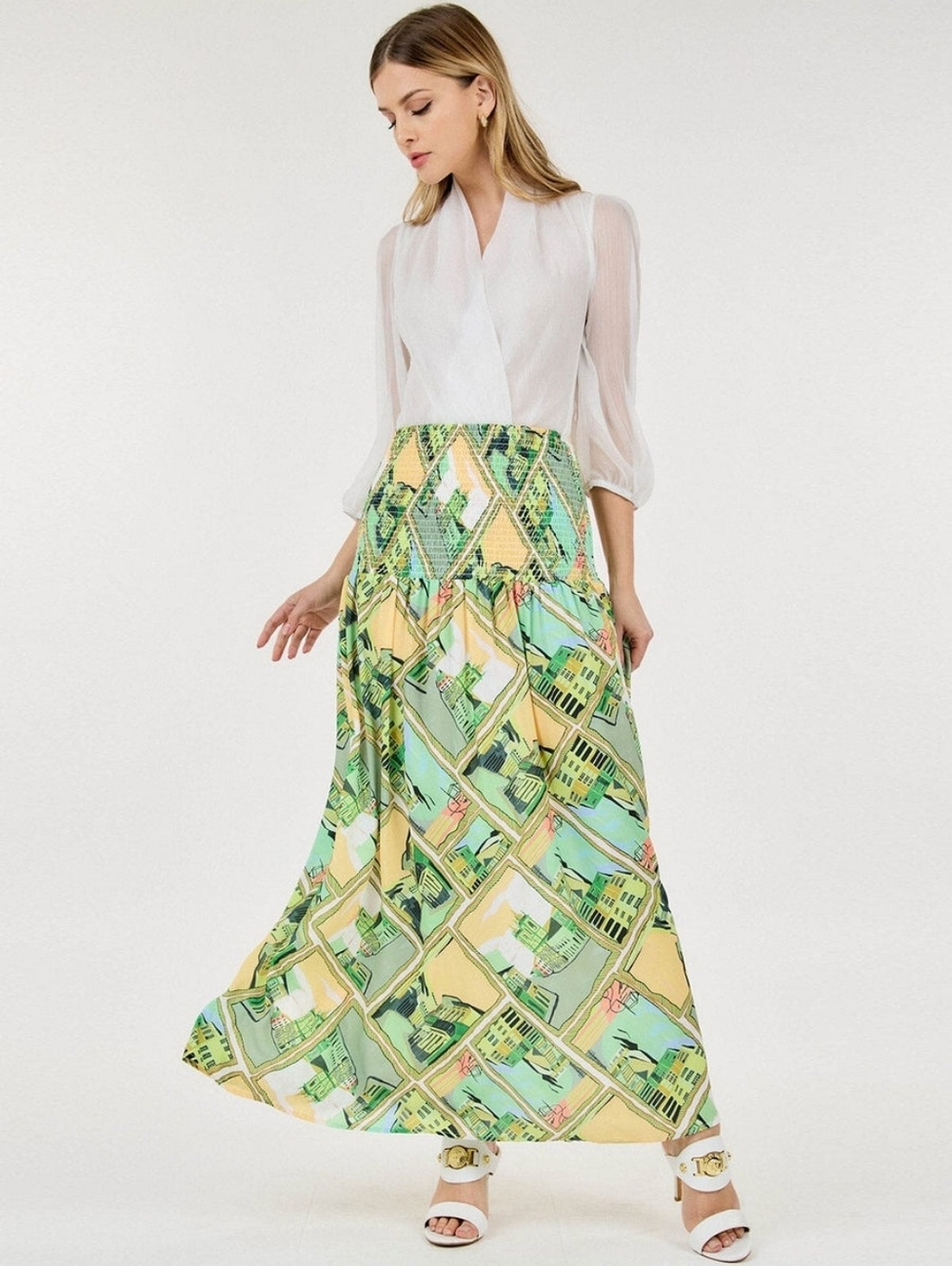 Smock Waist Floral Maxi Skirt Green - Picture 3 of 10
